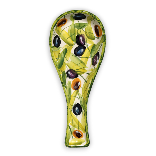 Decorative hand painted ceramic spoon rest with olive design 